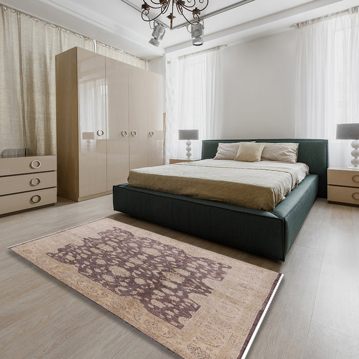 Mid-Century Modern Dark Almond Brown Oriental Rug in a Bedroom, urb491