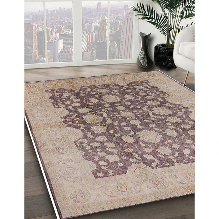 Mid-Century Modern Dark Almond Brown Oriental Rug in Family Room, urb491