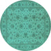 Round Machine Washable Oriental Turquoise Traditional Area Rugs, wshurb492turq