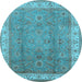 Round Machine Washable Oriental Light Blue Traditional Rug, wshurb493lblu