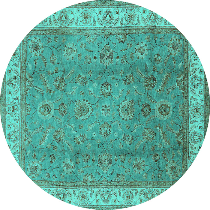 Round Machine Washable Oriental Turquoise Traditional Area Rugs, wshurb493turq