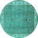 Round Machine Washable Oriental Turquoise Traditional Area Rugs, wshurb493turq