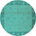 Round Machine Washable Oriental Turquoise Traditional Area Rugs, wshurb495turq
