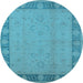 Round Machine Washable Oriental Light Blue Traditional Rug, wshurb495lblu