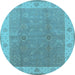 Round Machine Washable Oriental Light Blue Traditional Rug, wshurb497lblu