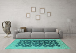 Machine Washable Oriental Turquoise Traditional Area Rugs in a Living Room,, wshurb499turq