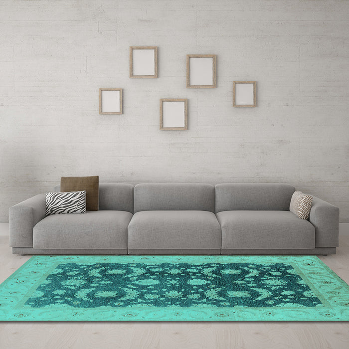 Machine Washable Oriental Turquoise Traditional Area Rugs in a Living Room,, wshurb499turq