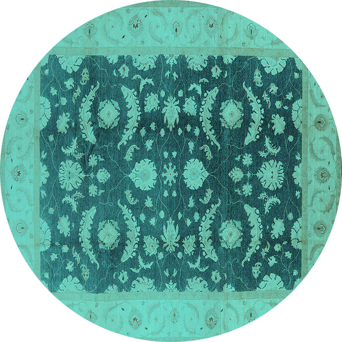 Round Machine Washable Oriental Turquoise Traditional Area Rugs, wshurb499turq