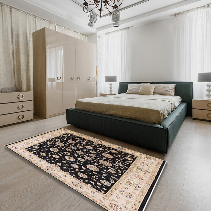 Mid-Century Modern Burgundy Brown Oriental Rug in a Bedroom, urb500