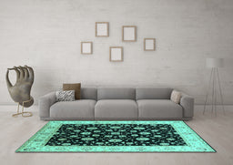 Machine Washable Oriental Turquoise Traditional Area Rugs in a Living Room,, wshurb500turq