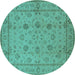 Round Machine Washable Oriental Turquoise Traditional Area Rugs, wshurb501turq