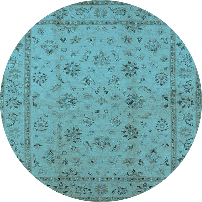Round Machine Washable Oriental Light Blue Traditional Rug, wshurb501lblu