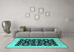 Machine Washable Oriental Turquoise Traditional Area Rugs in a Living Room,, wshurb503turq