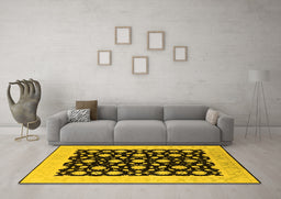 Machine Washable Oriental Yellow Traditional Rug in a Living Room, wshurb503yw