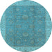 Round Machine Washable Oriental Light Blue Traditional Rug, wshurb504lblu