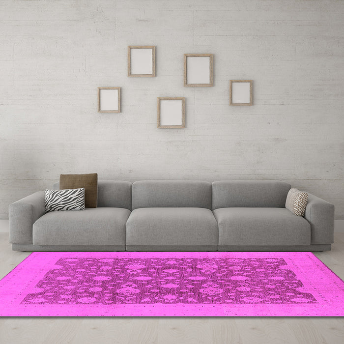 Machine Washable Oriental Pink Traditional Rug in a Living Room, wshurb505pnk