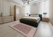 Mid-Century Modern Dark Almond Brown Oriental Rug in a Bedroom, urb505
