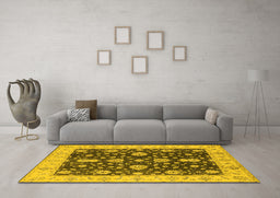 Machine Washable Oriental Yellow Traditional Rug in a Living Room, wshurb506yw