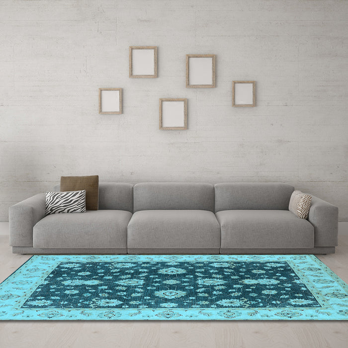 Machine Washable Oriental Light Blue Traditional Rug in a Living Room, wshurb506lblu