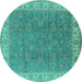 Round Machine Washable Oriental Turquoise Traditional Area Rugs, wshurb508turq