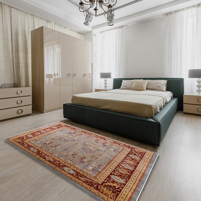 Mid-Century Modern Mahogany Brown Oriental Rug in a Bedroom, urb511