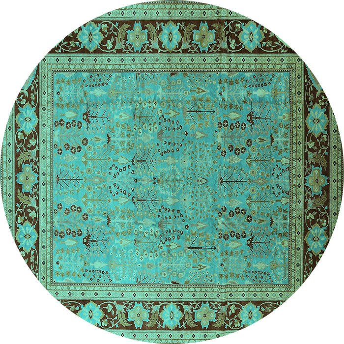 Round Machine Washable Oriental Turquoise Industrial Area Rugs, wshurb511turq