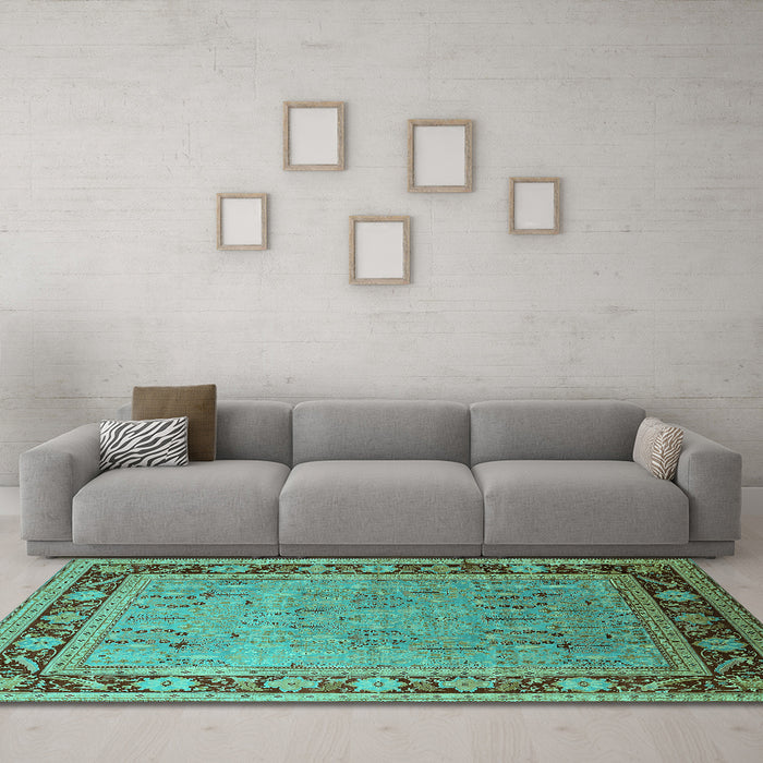 Machine Washable Oriental Turquoise Industrial Area Rugs in a Living Room,, wshurb511turq