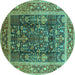 Round Machine Washable Oriental Turquoise Traditional Area Rugs, wshurb513turq