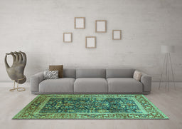 Machine Washable Oriental Turquoise Traditional Area Rugs in a Living Room,, wshurb513turq
