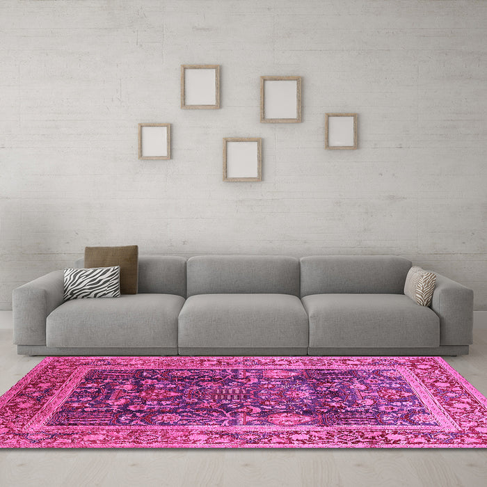 Machine Washable Oriental Pink Traditional Rug in a Living Room, wshurb513pnk