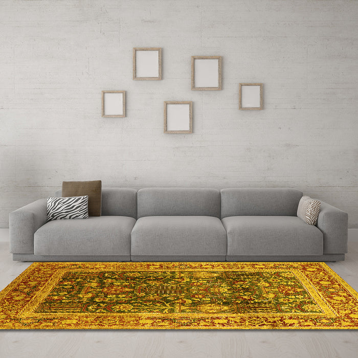 Machine Washable Oriental Yellow Traditional Rug in a Living Room, wshurb513yw