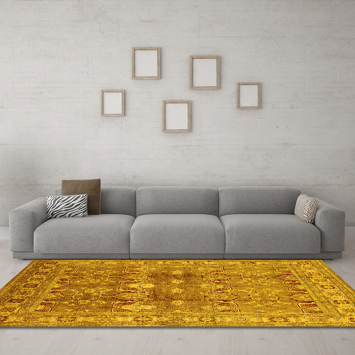 Machine Washable Oriental Yellow Traditional Rug in a Living Room, wshurb514yw