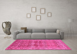Machine Washable Oriental Pink Traditional Rug in a Living Room, wshurb514pnk