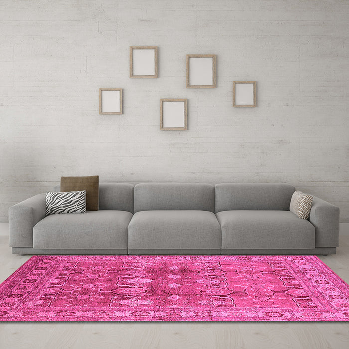 Machine Washable Oriental Pink Traditional Rug in a Living Room, wshurb514pnk
