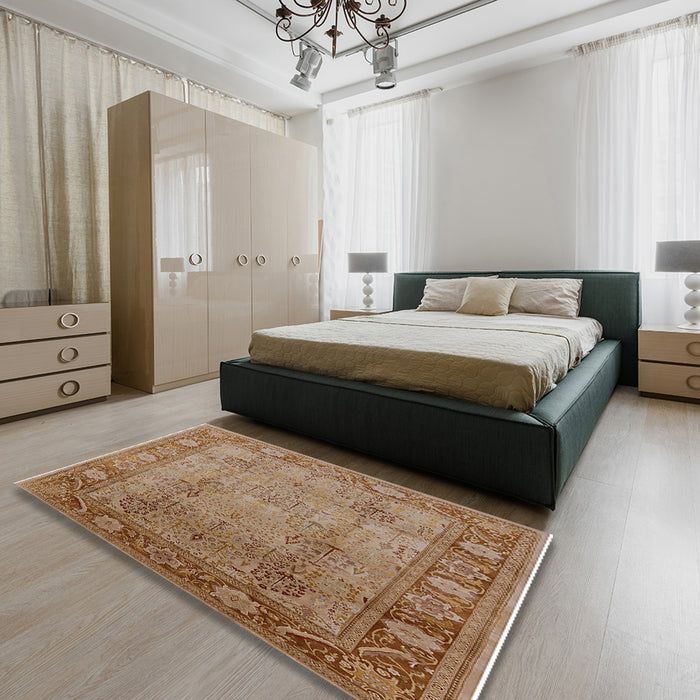 Mid-Century Modern Light Copper Gold Oriental Rug in a Bedroom, urb515