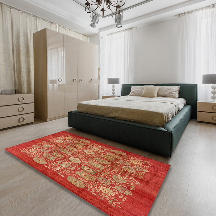Mid-Century Modern Red Oriental Rug in a Bedroom, urb516