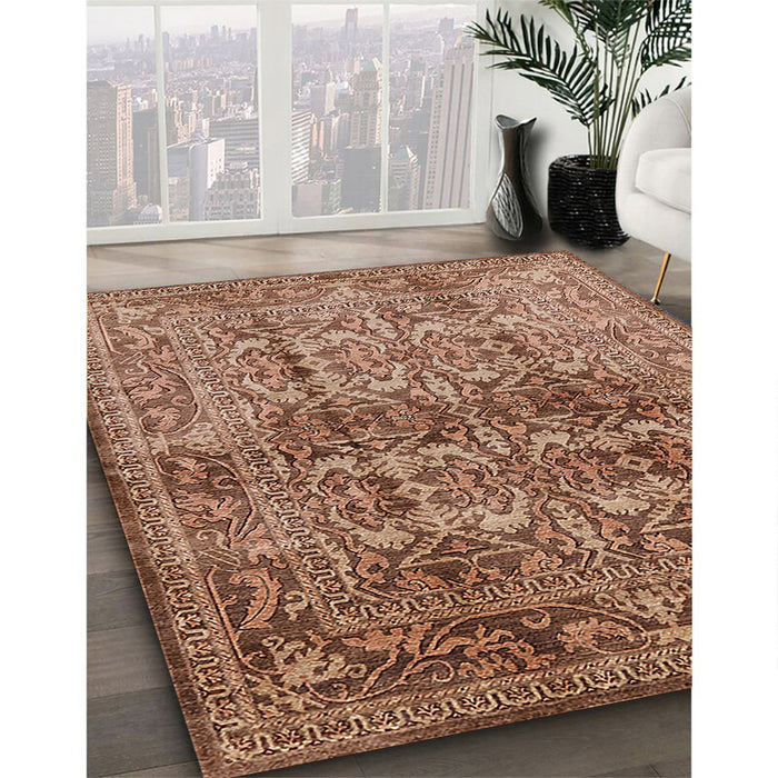 Mid-Century Modern Dark Sienna Brown Oriental Rug in Family Room, urb517