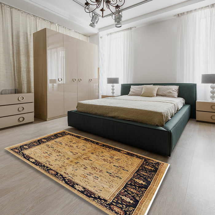 Mid-Century Modern Sangria Brown Oriental Rug in a Bedroom, urb518