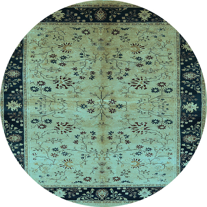 Round Machine Washable Oriental Light Blue Traditional Rug, wshurb518lblu