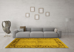 Machine Washable Oriental Yellow Traditional Rug in a Living Room, wshurb519yw
