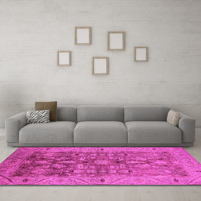 Machine Washable Oriental Pink Traditional Rug in a Living Room, wshurb521pnk