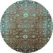 Round Machine Washable Oriental Light Blue Traditional Rug, wshurb522lblu