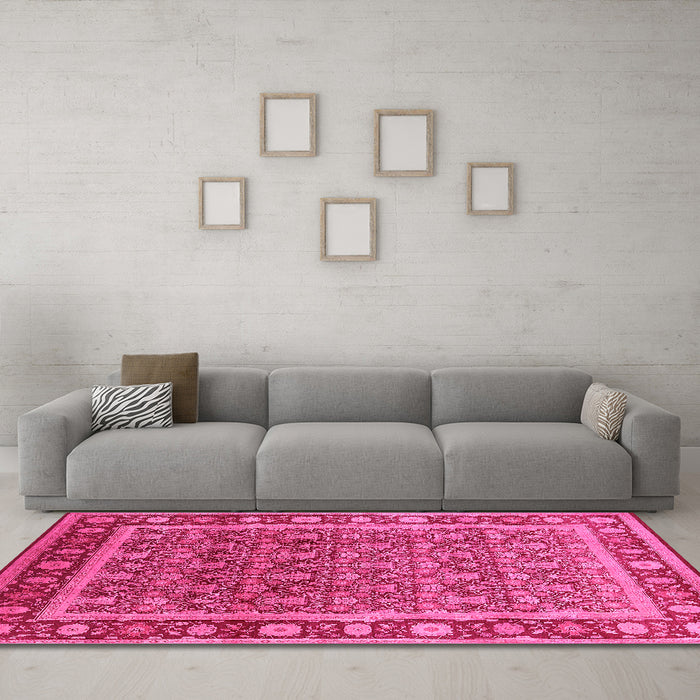 Machine Washable Oriental Pink Traditional Rug in a Living Room, wshurb523pnk