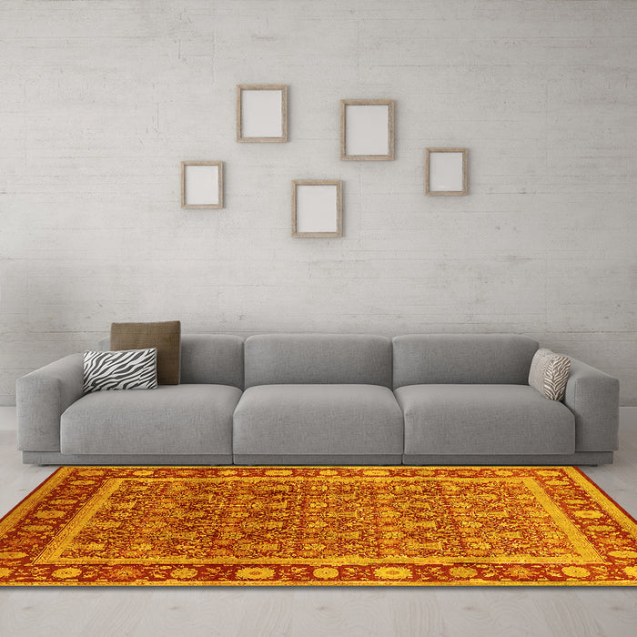 Machine Washable Oriental Yellow Traditional Rug in a Living Room, wshurb523yw