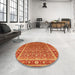 Round Machine Washable Industrial Modern Dark Orange Rug in a Office, wshurb523