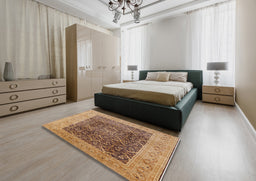 Mid-Century Modern Brown Sand Brown Oriental Rug in a Bedroom, urb525