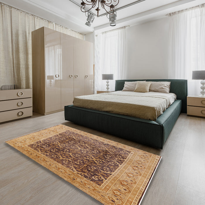 Mid-Century Modern Brown Sand Brown Oriental Rug in a Bedroom, urb525