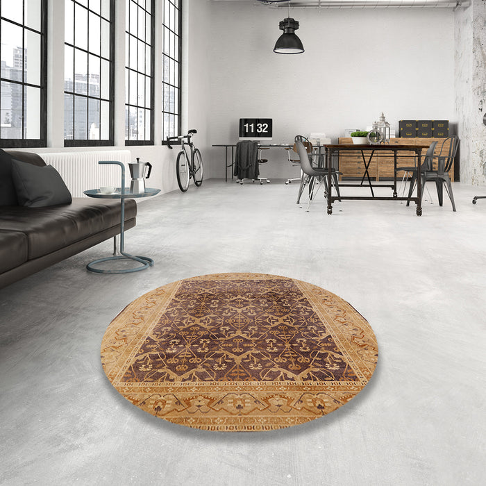 Round Mid-Century Modern Brown Sand Brown Oriental Rug in a Office, urb525