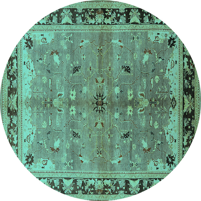 Round Machine Washable Oriental Turquoise Traditional Area Rugs, wshurb527turq