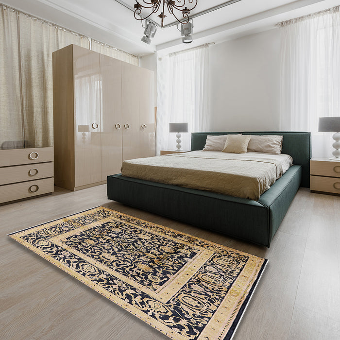 Mid-Century Modern Taupe Brown Oriental Rug in a Bedroom, urb530